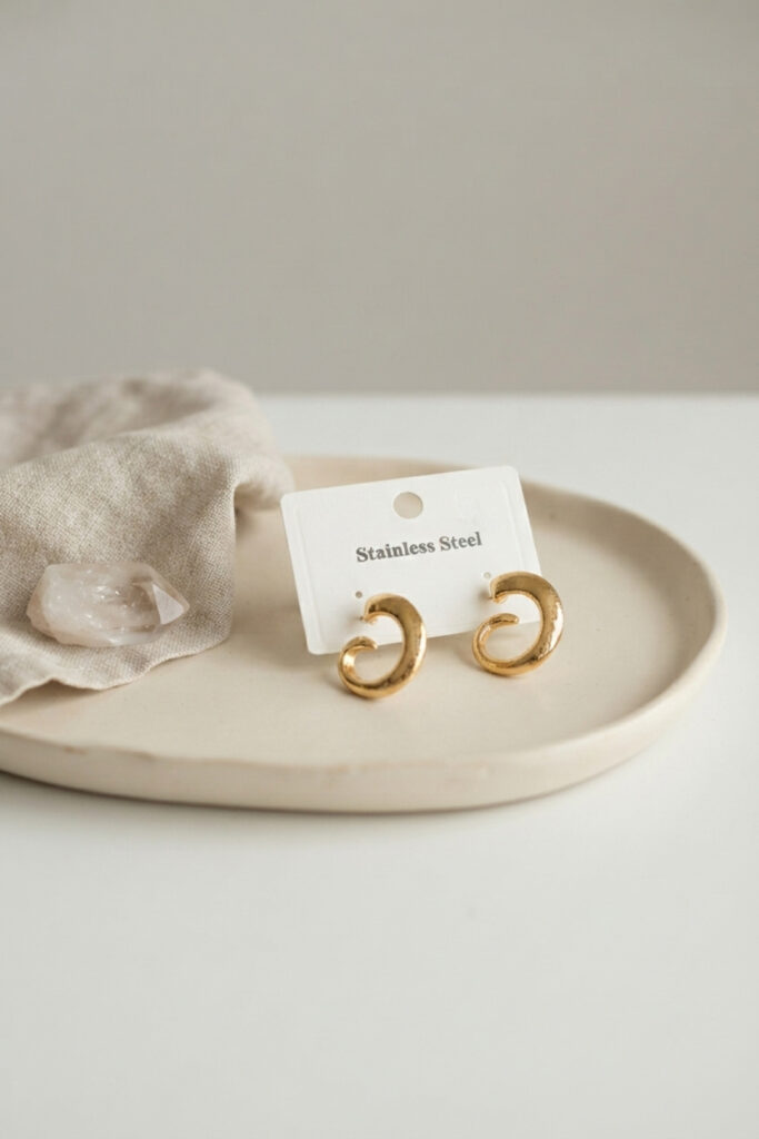 Çelik Gold Renk Vintage Kıvrımlı Halka Model Küpe