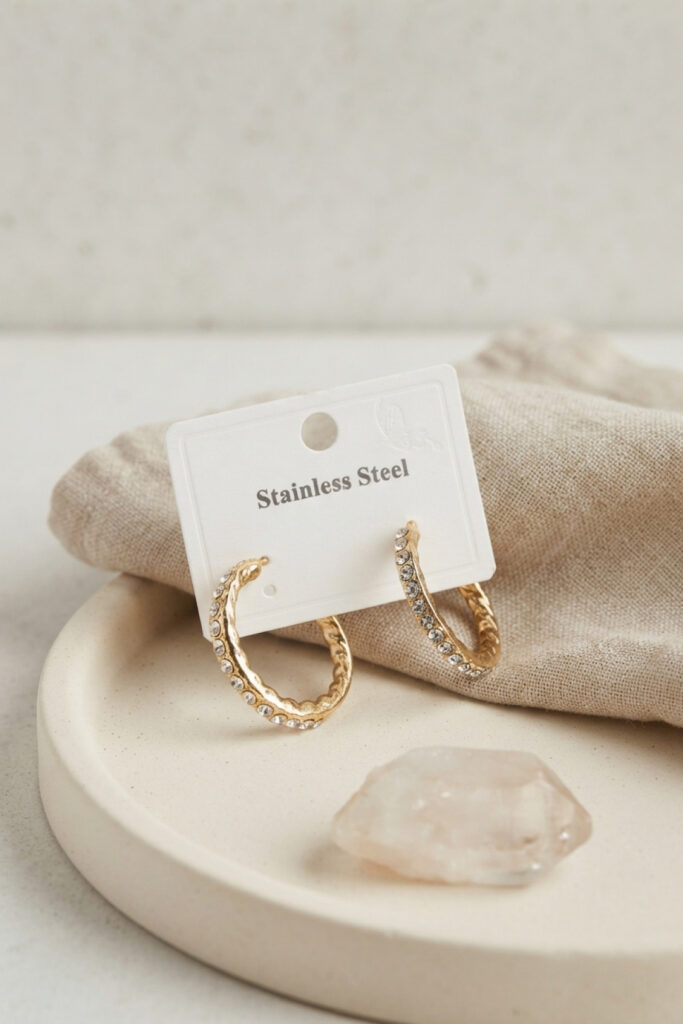 Çelik Gold Renk Zirkon Taşlı Halka Model Küpe