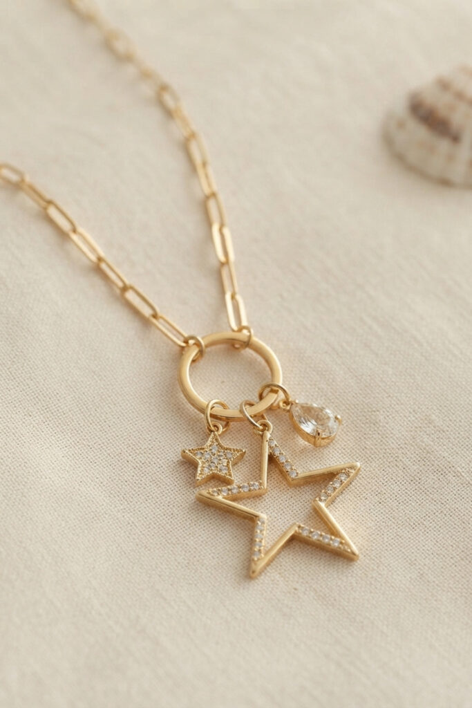Gold Renk Ataç Zincir Yıldız Model Zirkon Taşlı Kolye