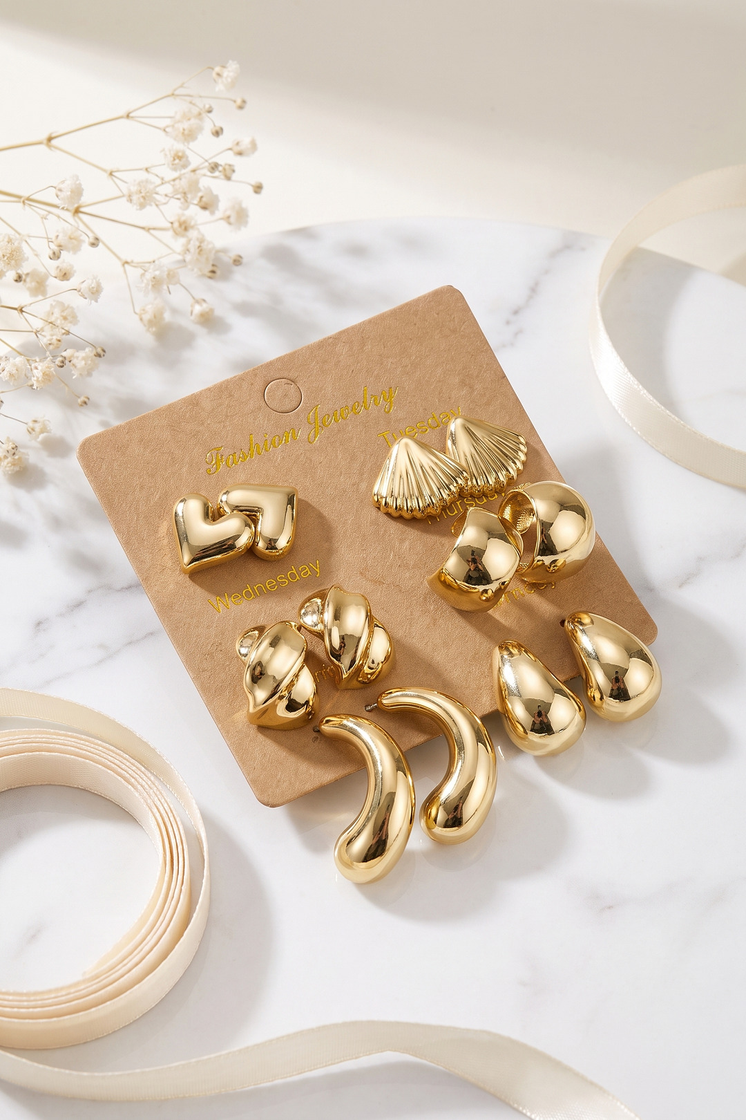 Metalik Kaplama Gold Renk CCB 6 Çift Küpe Seti