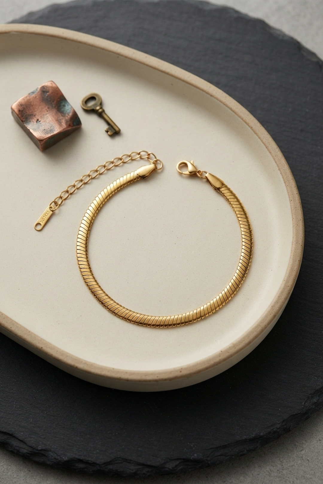 Çelik Gold Renk Yassı Yılan Zincir Model Erkek Bileklik