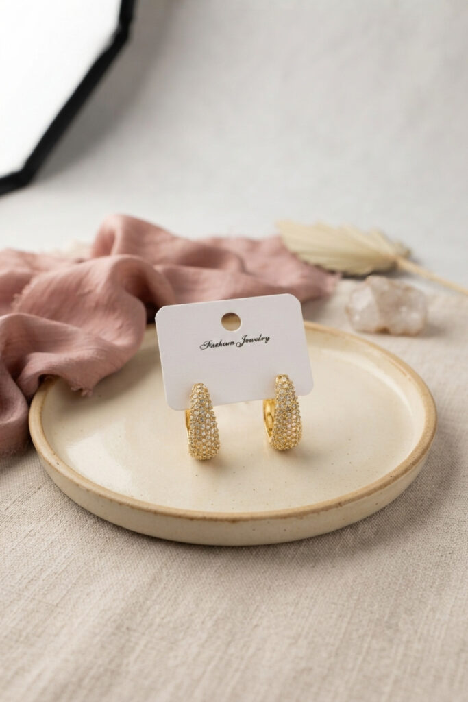 Gold Renk Zirkon Taşlı Damla Halka Model Küpe