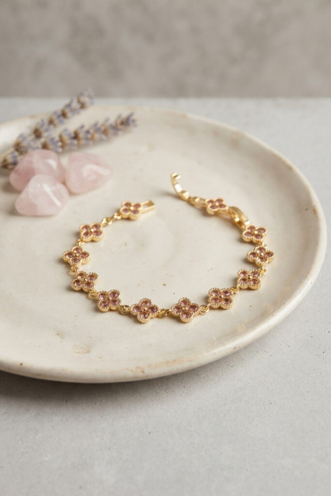 Gold Renk Pembe Zirkon Taşlı Yonca Model Bileklik