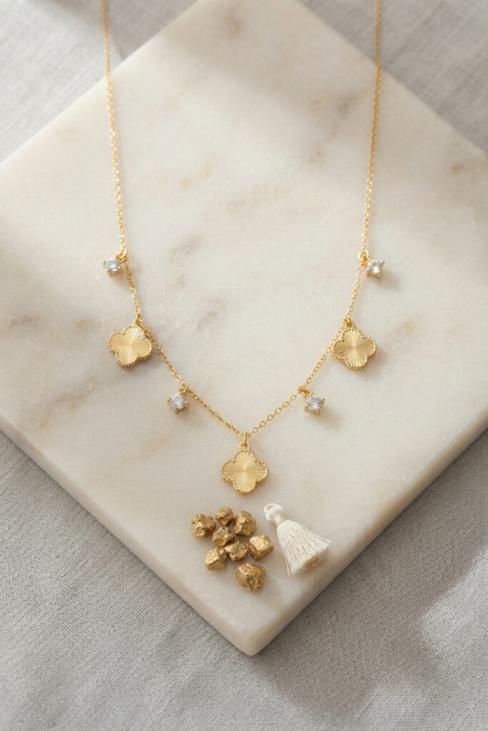 Gold Renk Zirkon Taşlı Yonca Model Kolye