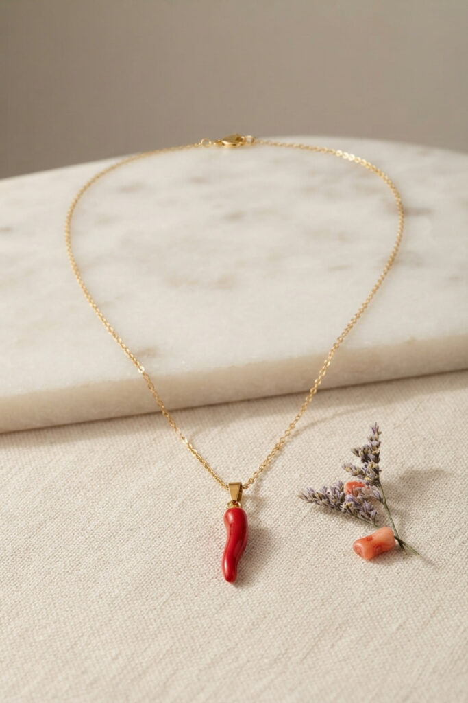 Çelik Gold Renk Zincir Kırmızı Kapya Biber Model Kolye