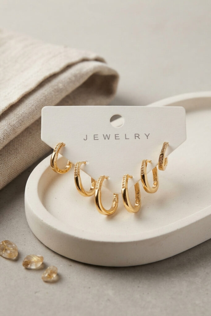 Gold Renk Zirkon Taşlı İnce Kare Halka Model Küpe Seti