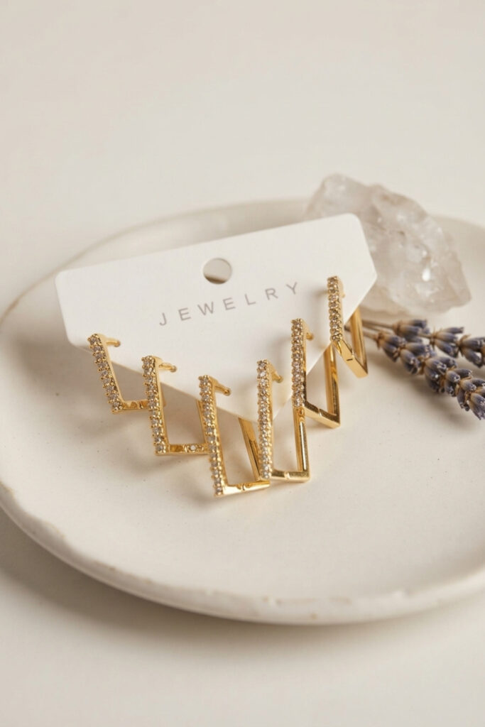 Gold Renk Zirkon Taşlı Kare Model Küpe Seti