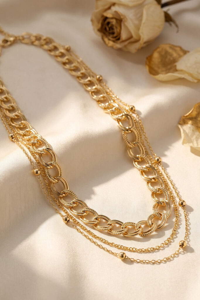 Gold Renk Zincir Model Kombin Kolye