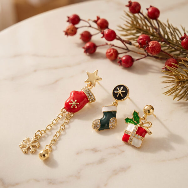 Gold Noel Baba Şapkalı Zirkon Taşlı Zincirli Yılbaşı Küpe