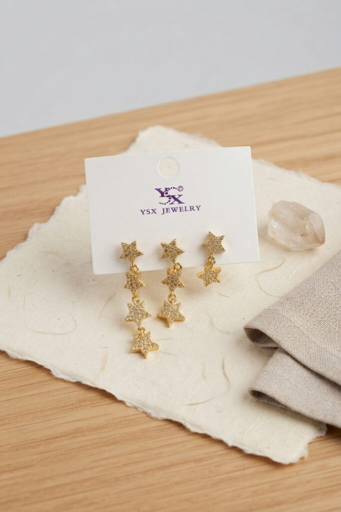Gold Renk Zirkon Taşlı Sallantılı Yıldız Model Küpe Seti