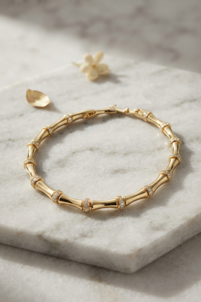 Gold Renk Bambu Model Zirkon Taşlı Bileklik