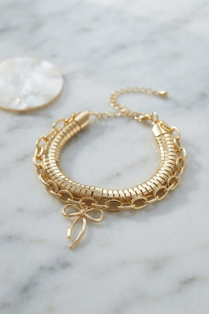Gold Renk Yılan Zincir Model Fiyonk Detaylı Bileklik Kombini