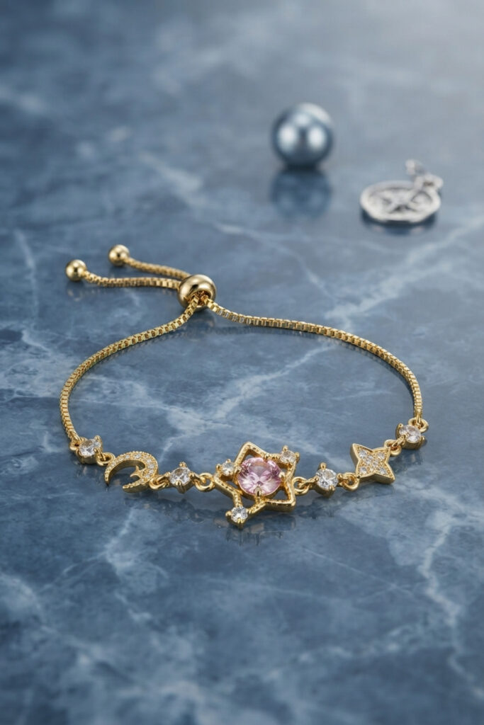 Pembe Taşlı Yıldız Model Gold Renk Zirkon Taşlı Asansörlü Bileklik