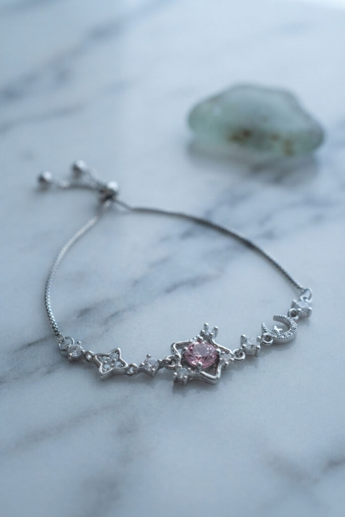 Pembe Taşlı Yıldız Model Gümüş Renk Zirkon Taşlı Asansörlü Bileklik