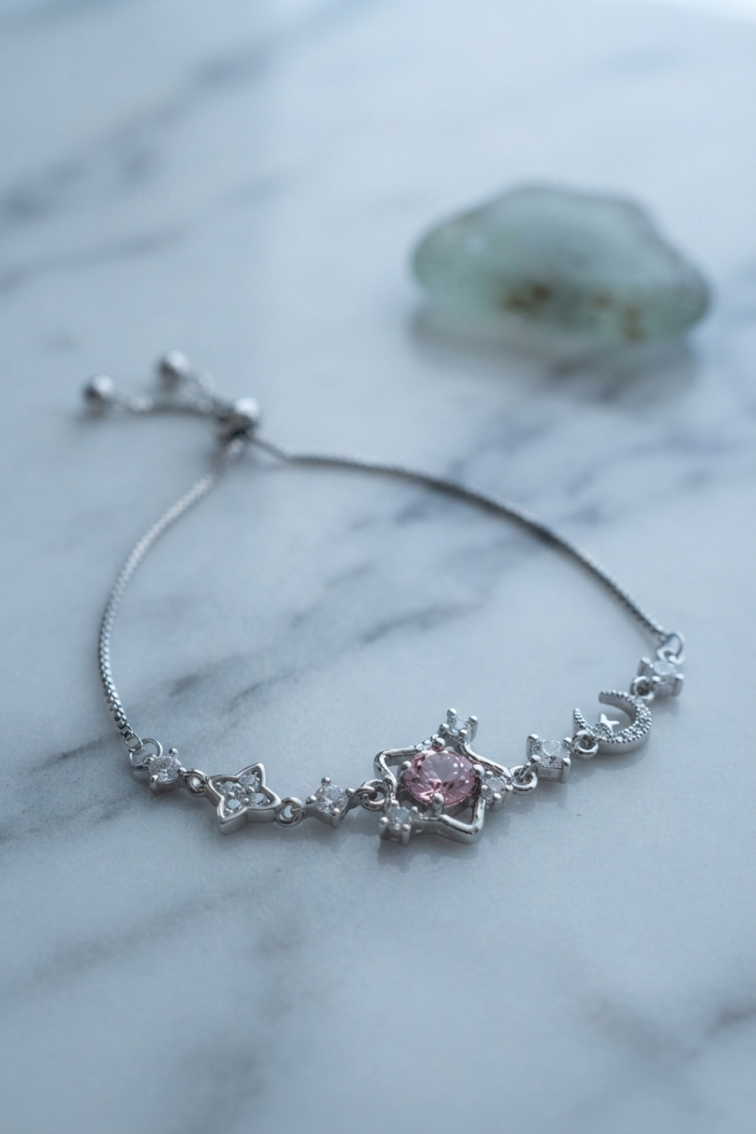 Pembe Taşlı Yıldız Model Gümüş Renk Zirkon Taşlı Asansörlü Bileklik